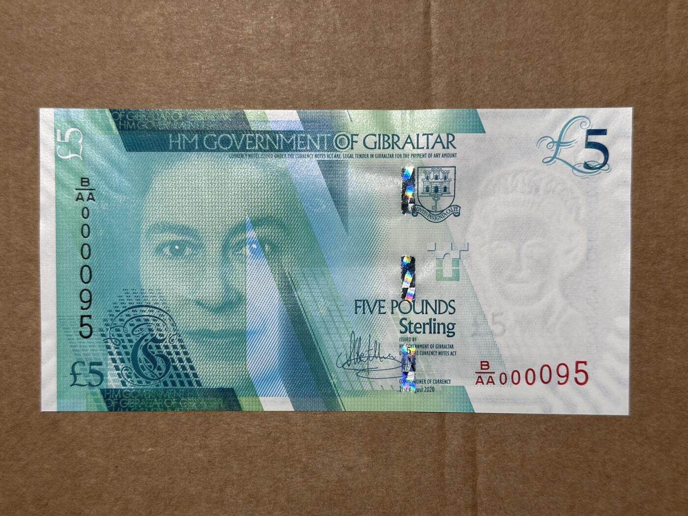 🐍甜小邱世界纸币收藏🐍第139期精品场💐 【首发95号】直布罗陀2020年5镑防伪升级版 BAA首发冠第95号 第一刀小号 全新UNC