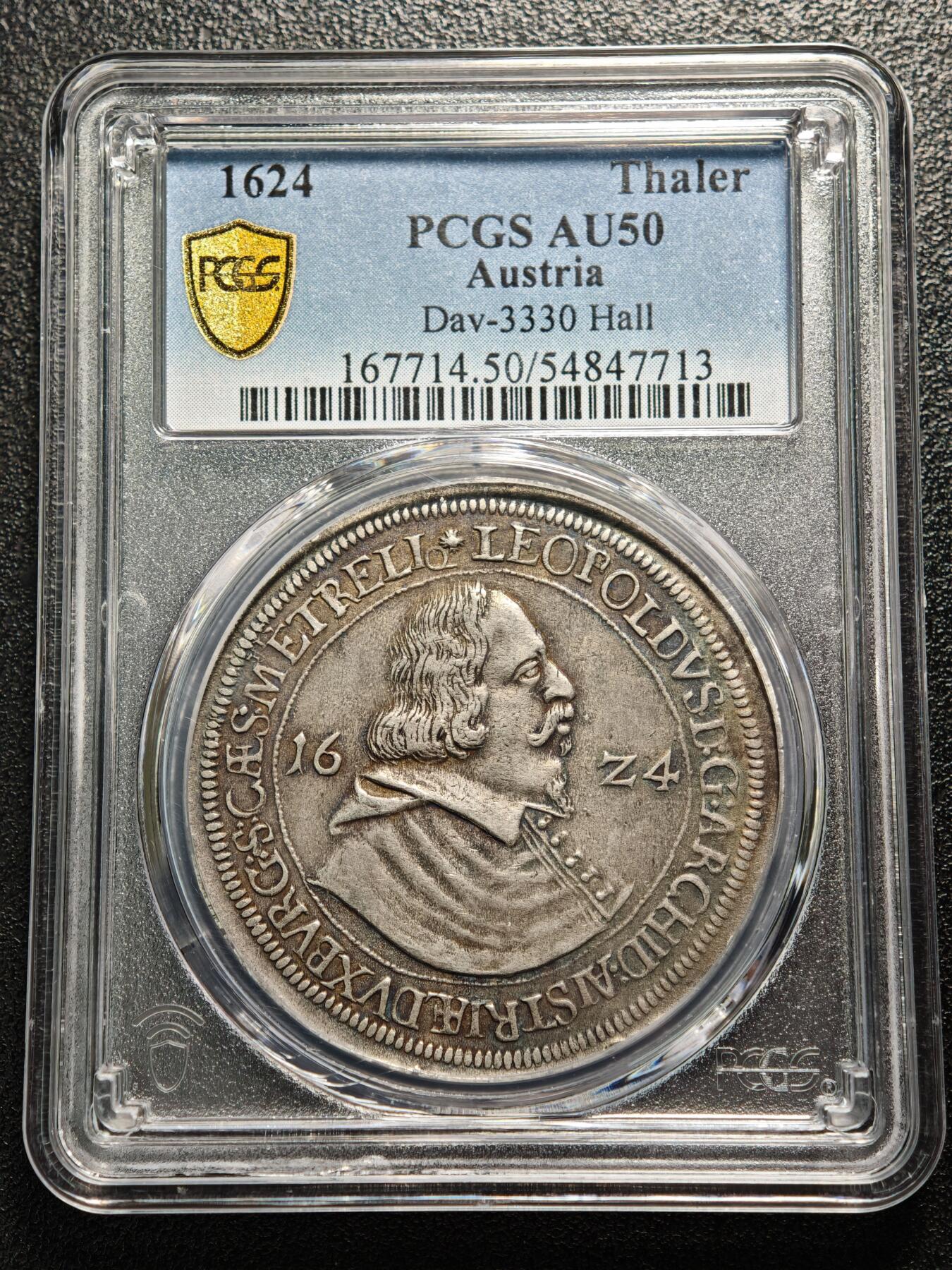 【德藏】世界币章拍卖第161期 1624年 奥地利蒂罗尔伯国利奥波德五世老泰勒大银币 原味包浆 局部有彩 PCGS AU50