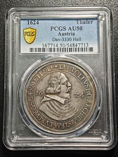 【德藏】世界币章拍卖第161期 - 1624年 奥地利蒂罗尔伯国利奥波德五世老泰勒大银币 原味包浆 局部有彩 PCGS AU50