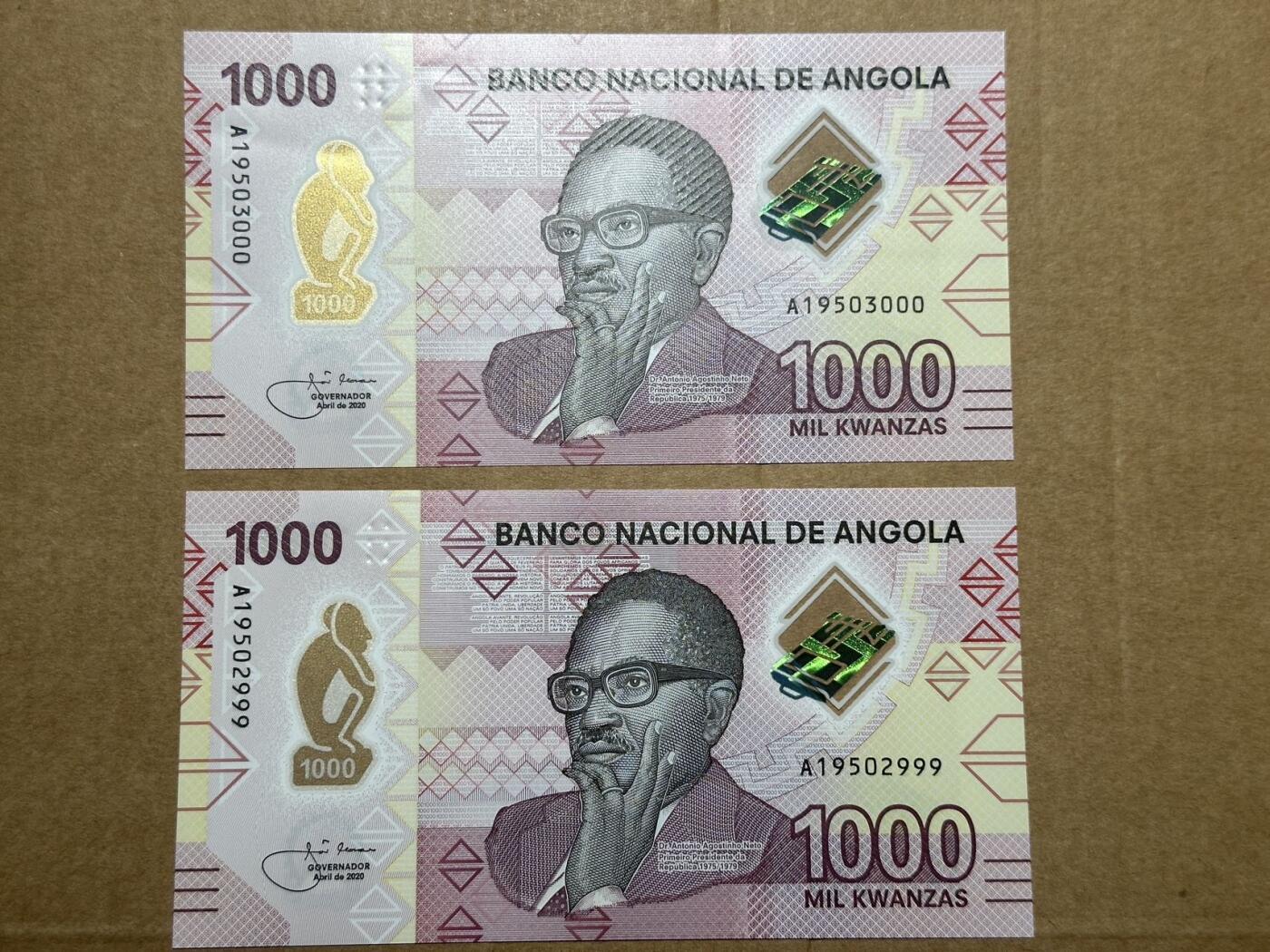 🐍甜小邱世界纸币收藏🐍第139期精品场💐 【无47豹子号】安哥拉2020年1000宽扎 豹子999+000连号一对 000有原装捆痕 全新UNC