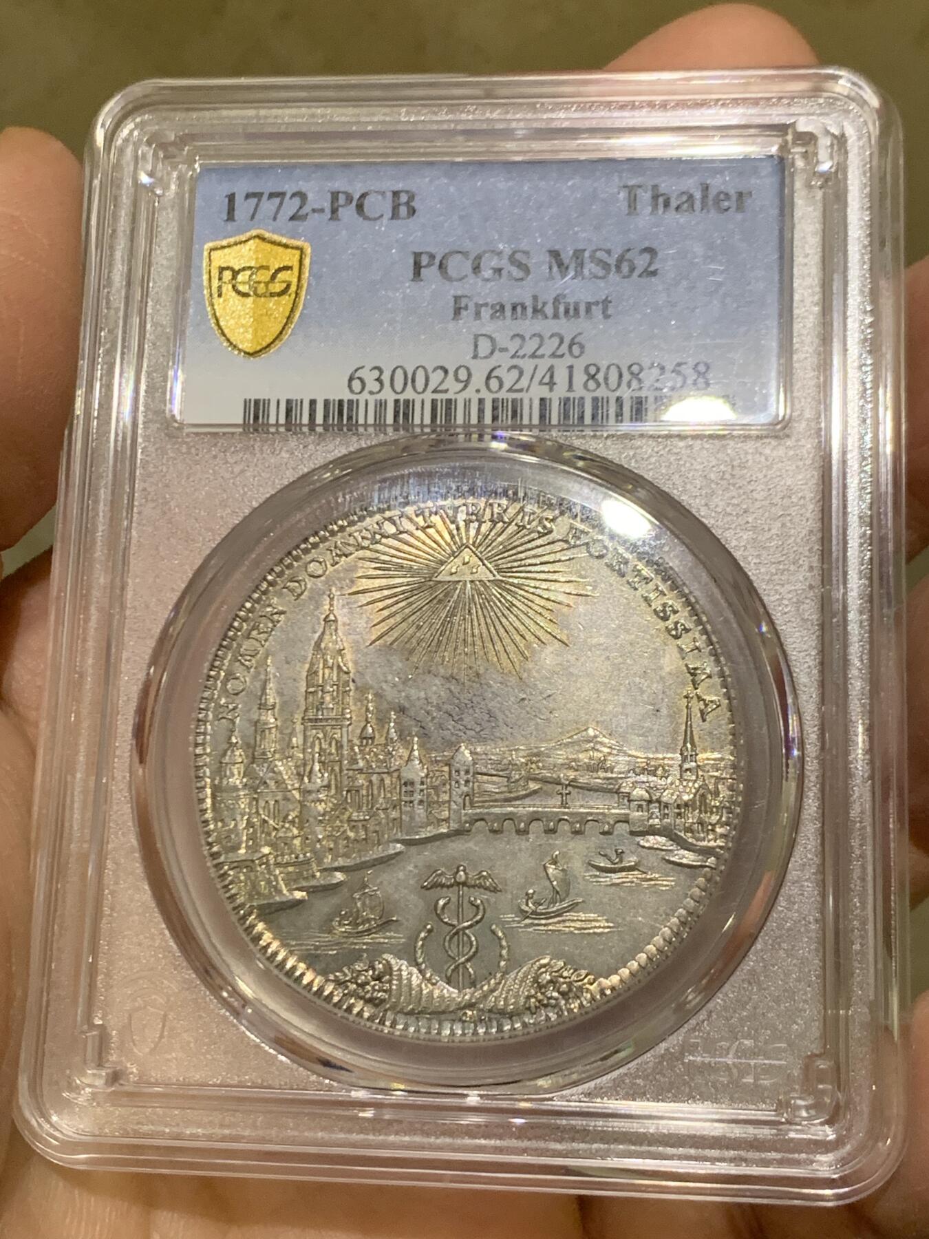 《竞宝斋》第456场 周日，周一，周二   3场连拍 （全场包邮）欢迎送拍 PCGS MS62 德国1772年法兰克福景观泰勒大银币