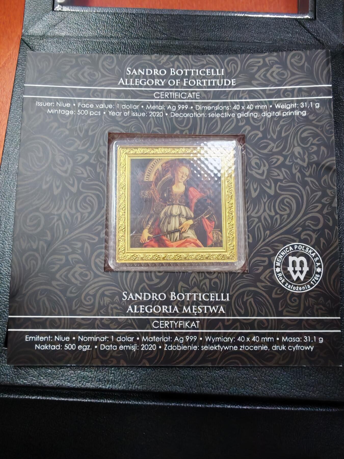 长老汇蛇年精选第九十三场拍卖 2020纽埃波提切利的名画大天使1元彩色方形精制银币，部分镀金，1盎司999银，盒证全，500枚