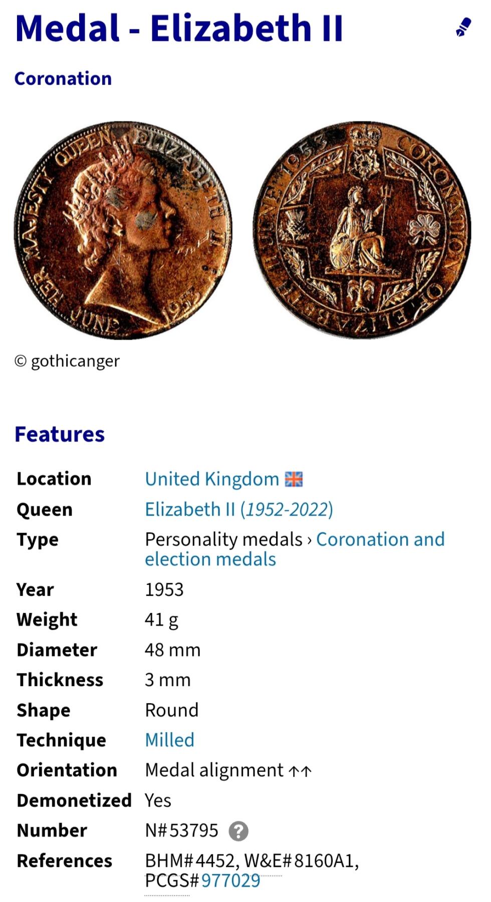 2026年第六场(总第一百七十五场）外国好品散币场(免佣金) 少见形制–英国🇬🇧1953年大型纪念章，直径48mm，重41g (伊丽莎白二世加冕纪念章)