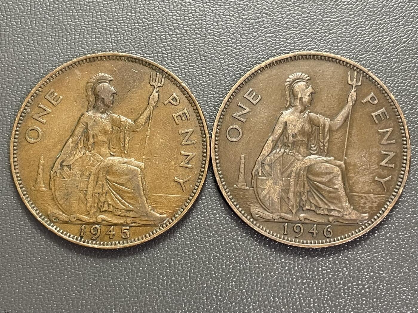 回流0110 英国1945、1946乔治六世1便士两枚