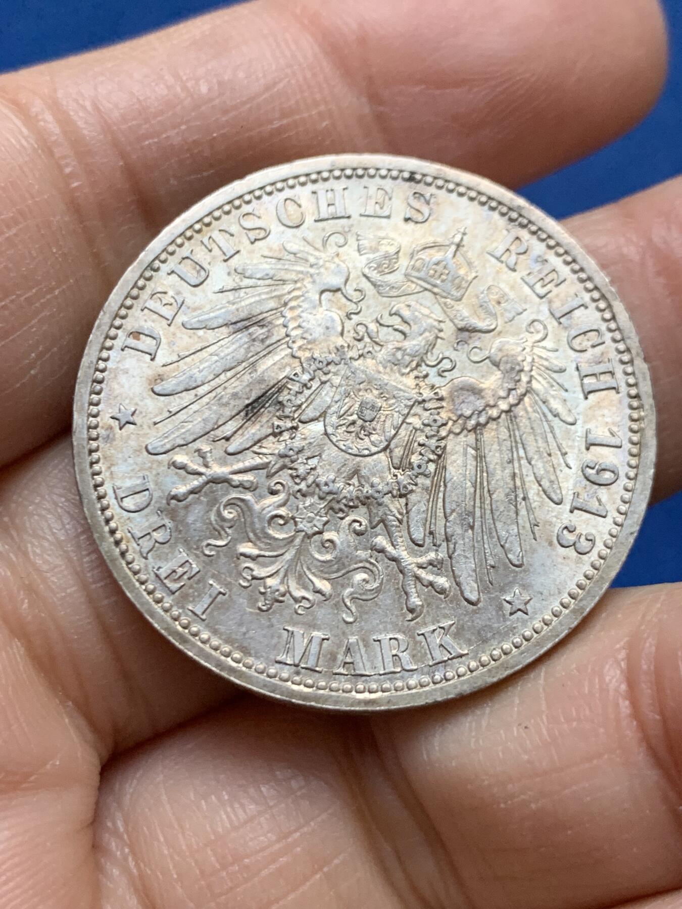 《竞宝斋》第456场 周日，周一，周二   3场连拍 （全场包邮）欢迎送拍 德国1913年威廉二世3马克银币 带光高细节