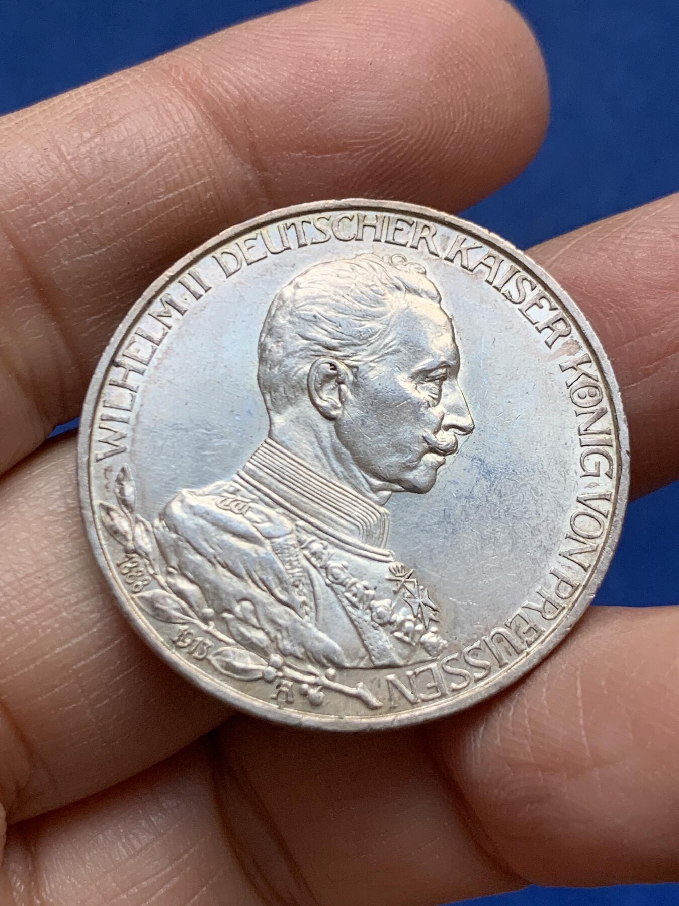 《竞宝斋》第456场 周日，周一，周二   3场连拍 （全场包邮）欢迎送拍 德国1913年威廉二世3马克银币 带光高细节