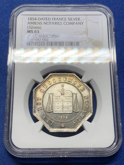 《竞宝斋》第456场 周日，周一，周二   3场连拍 （全场包邮）欢迎送拍 - NGC MS63 法国1854年亚眠公证处八角银章 32mm