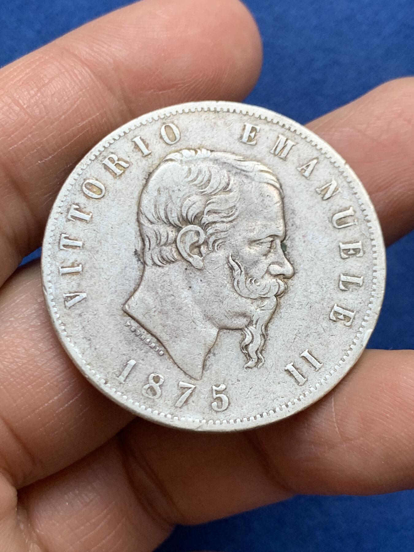 《竞宝斋》第456场 周日，周一，周二   3场连拍 （全场包邮）欢迎送拍 意大利1875年伊曼纽尔二世5里拉银币