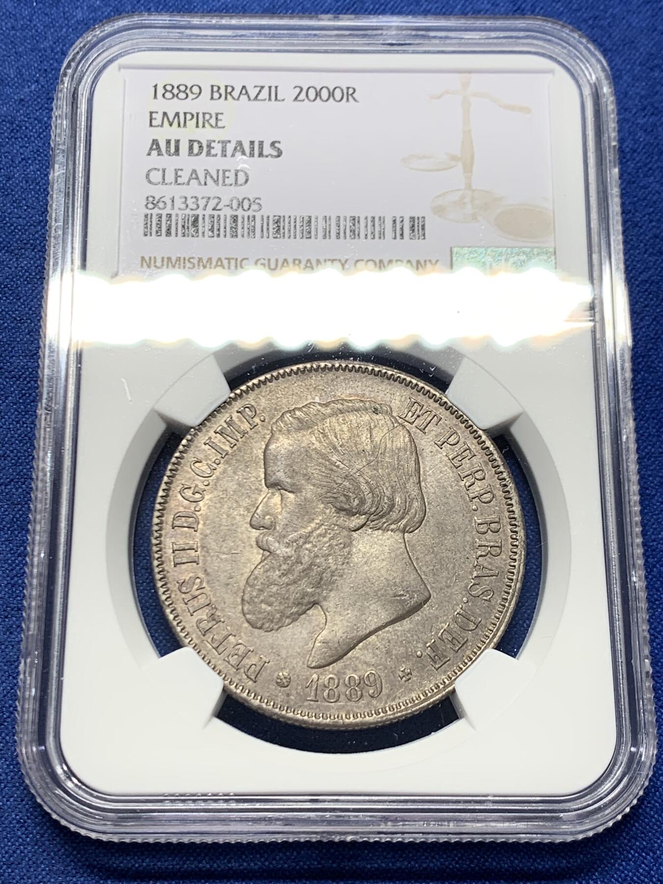 《竞宝斋》第456场 周日，周一，周二   3场连拍 （全场包邮）欢迎送拍 NGC AUD 巴西1889年2000里斯大银币 原味包浆味道不错