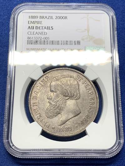 《竞宝斋》第456场 周日，周一，周二   3场连拍 （全场包邮）欢迎送拍 - NGC AUD 巴西1889年2000里斯大银币 原味包浆味道不错