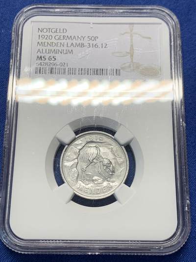 《竞宝斋》第456场 周日，周一，周二   3场连拍 （全场包邮）欢迎送拍 - NGC MS65 德国 1920年 50芬尼 德紧 门登洞熊铝币 超高分难遇