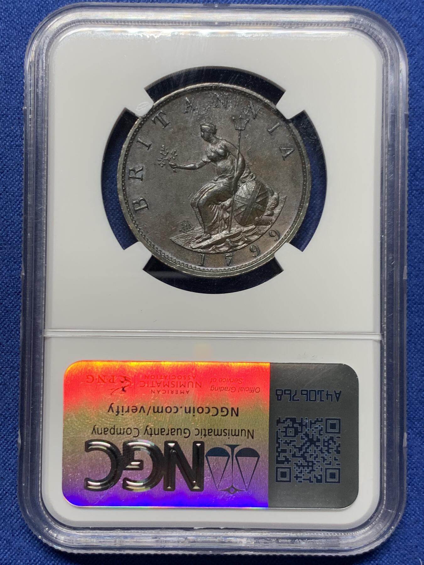 《竞宝斋》第456场 周日，周一，周二   3场连拍 （全场包邮）欢迎送拍 NGC AU58BN 英国 1799年 乔治三世 1/2便士铜币。铸造于Soho造币厂，采用了瓦特提供的蒸汽动力制造