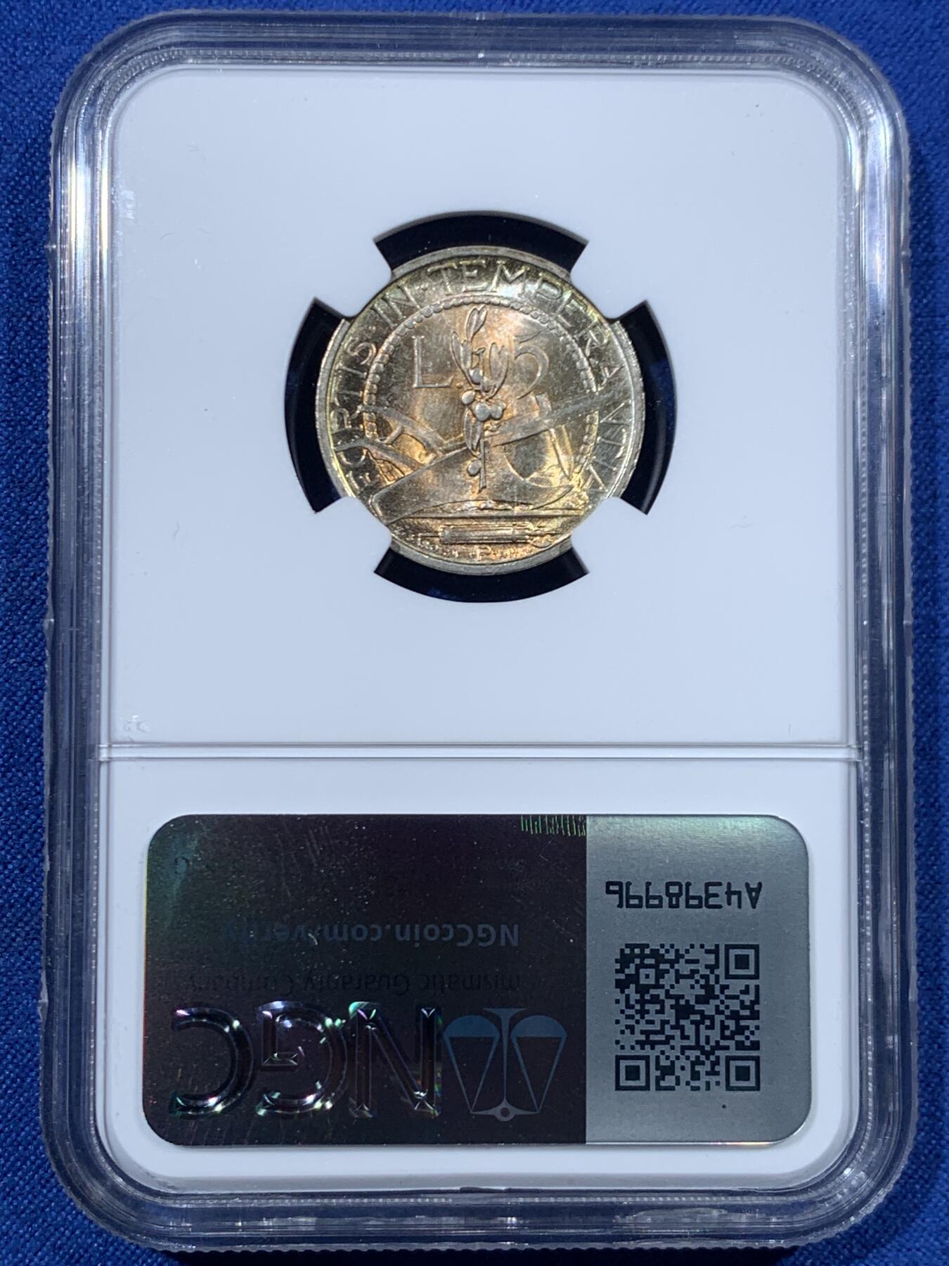 《竞宝斋》第456场 周日，周一，周二   3场连拍 （全场包邮）欢迎送拍 NGC MS65 圣马力诺1937R女神半身像5里拉银币