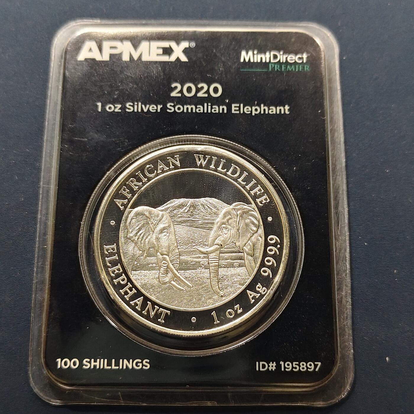 【全场包邮】纯粹捡漏拍495场-持续更新中 索马里2020年10先令大象1盎司9999卡装纯银币【35.2毫米31.1克，纯银价约622元（按20元银价折算）】