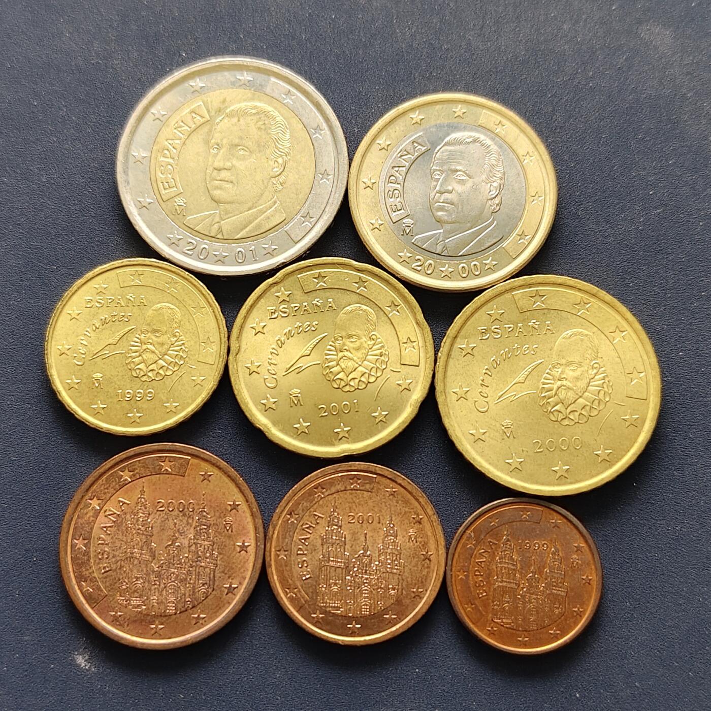 【全场包邮】纯粹捡漏拍494场 西班牙1999-2001年首发版欧元8枚套币