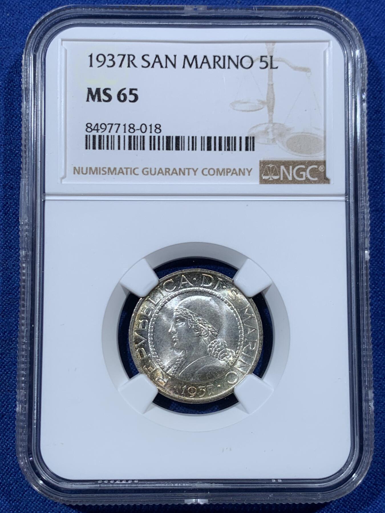 《竞宝斋》第456场 周日，周一，周二   3场连拍 （全场包邮）欢迎送拍 NGC MS65 圣马力诺1937R女神半身像5里拉银币