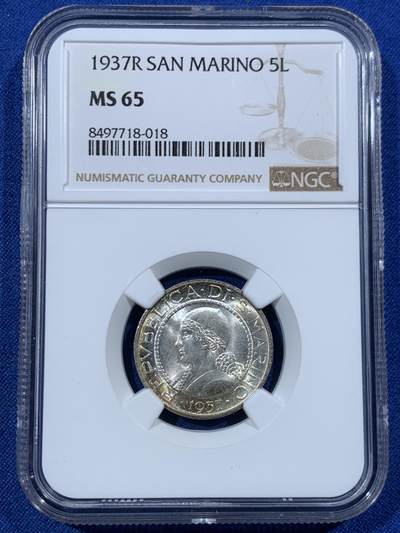 《竞宝斋》第456场 周日，周一，周二   3场连拍 （全场包邮）欢迎送拍 - NGC MS65 圣马力诺1937R女神半身像5里拉银币