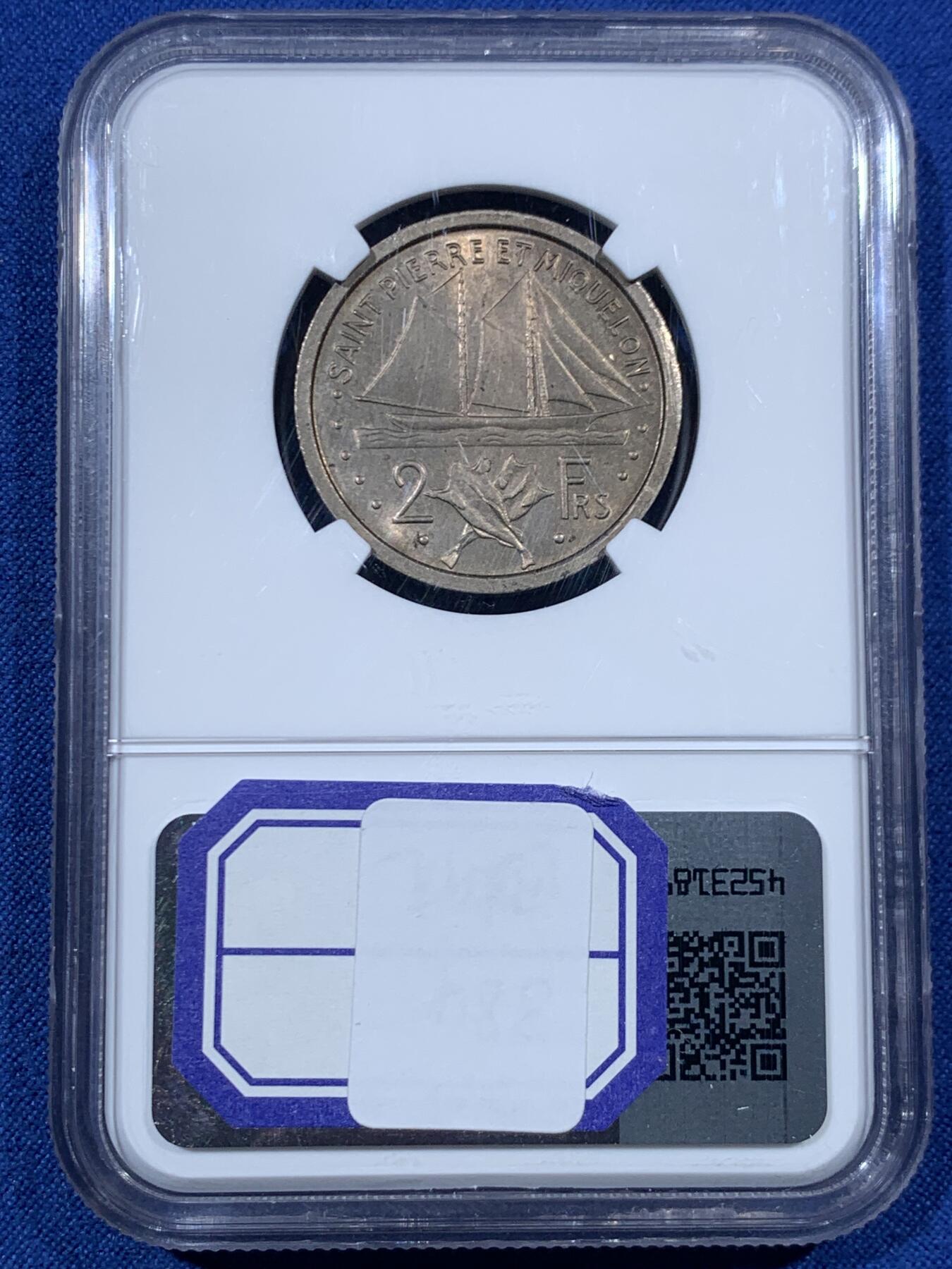 《竞宝斋》第456场 周日，周一，周二   3场连拍 （全场包邮）欢迎送拍 NGC MS63 法属圣皮埃尔和密克隆1948年2法郎 季军分