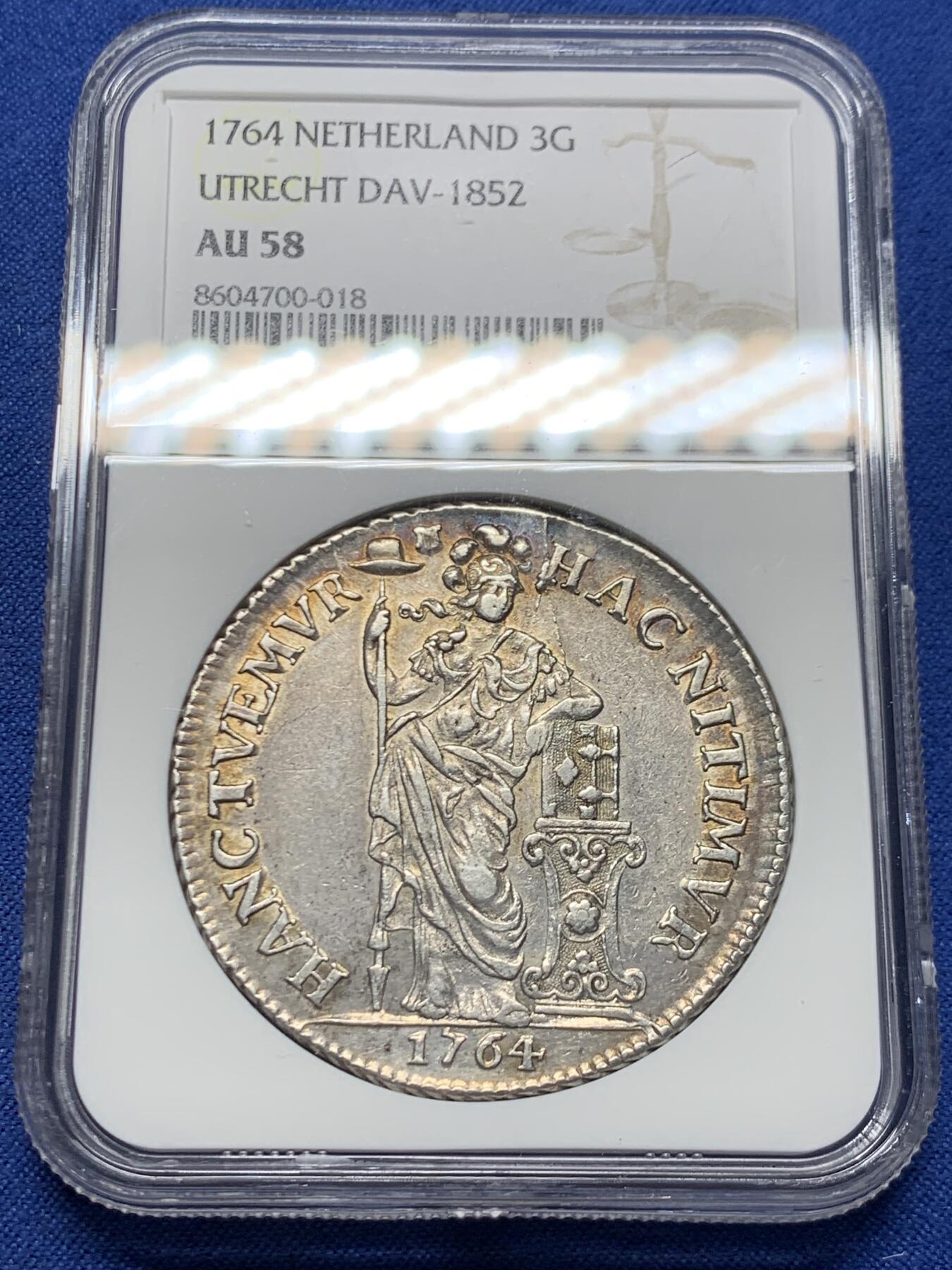 《竞宝斋》第456场 周日，周一，周二   3场连拍 （全场包邮）欢迎送拍 NGC AU58 荷兰 1764年 乌特勒支站人3盾大银币 经典站人女神 深打好状态