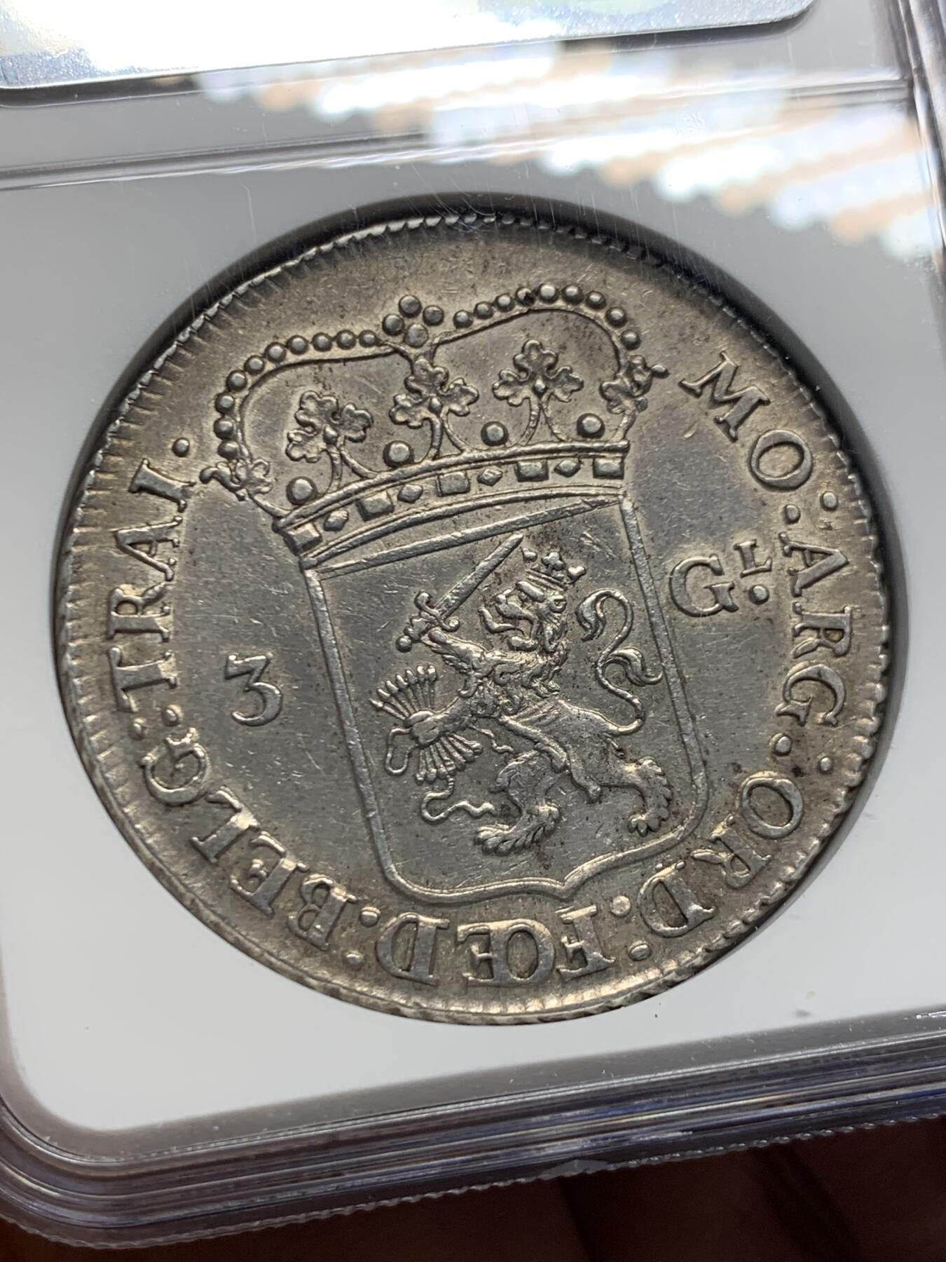 《竞宝斋》第456场 周日，周一，周二   3场连拍 （全场包邮）欢迎送拍 NGC AU58 荷兰 1764年 乌特勒支站人3盾大银币 经典站人女神 深打好状态