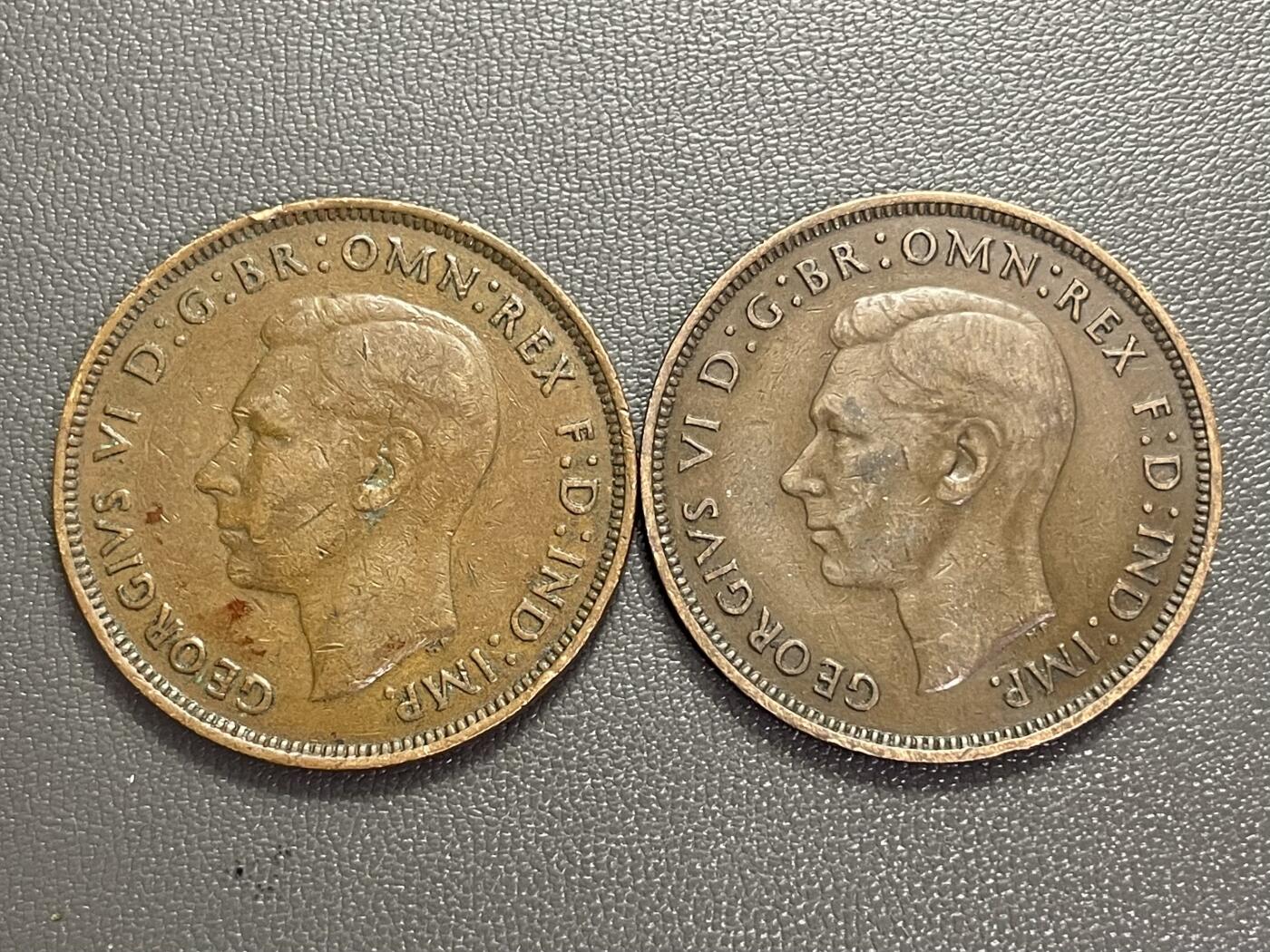 回流0110 英国1945、1946乔治六世1便士两枚