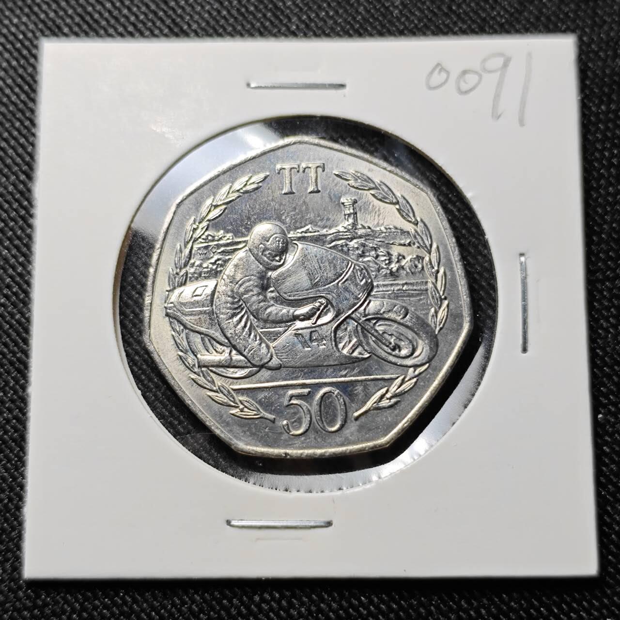 KK钱币收藏小铺  第400期  百期特拍（四拍之四）2月预留时间 周末发货  1983马恩岛50便士纪念币 摩托车比赛纪念