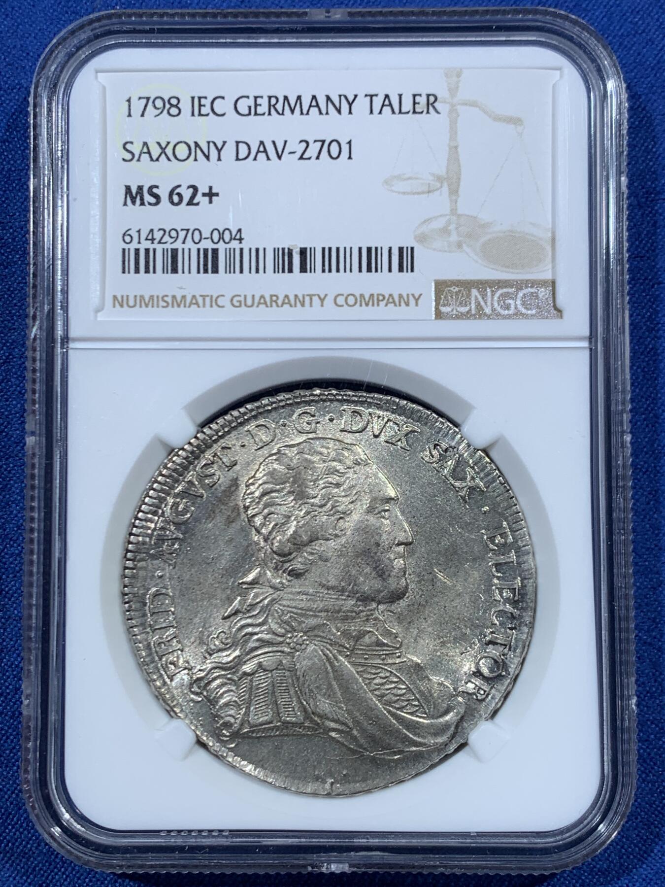 《竞宝斋》第456场 周日，周一，周二   3场连拍 （全场包邮）欢迎送拍 NGCMS62+ 神圣罗马帝国时期1798年萨克森选侯国1泰勒银币，正面是作为帝国元帅的萨克森选帝侯胖特烈奥古斯特三世军装版，属于62分中状态最佳的，更高分仅3枚，原始光度保留的非常好，不可多得的好状态