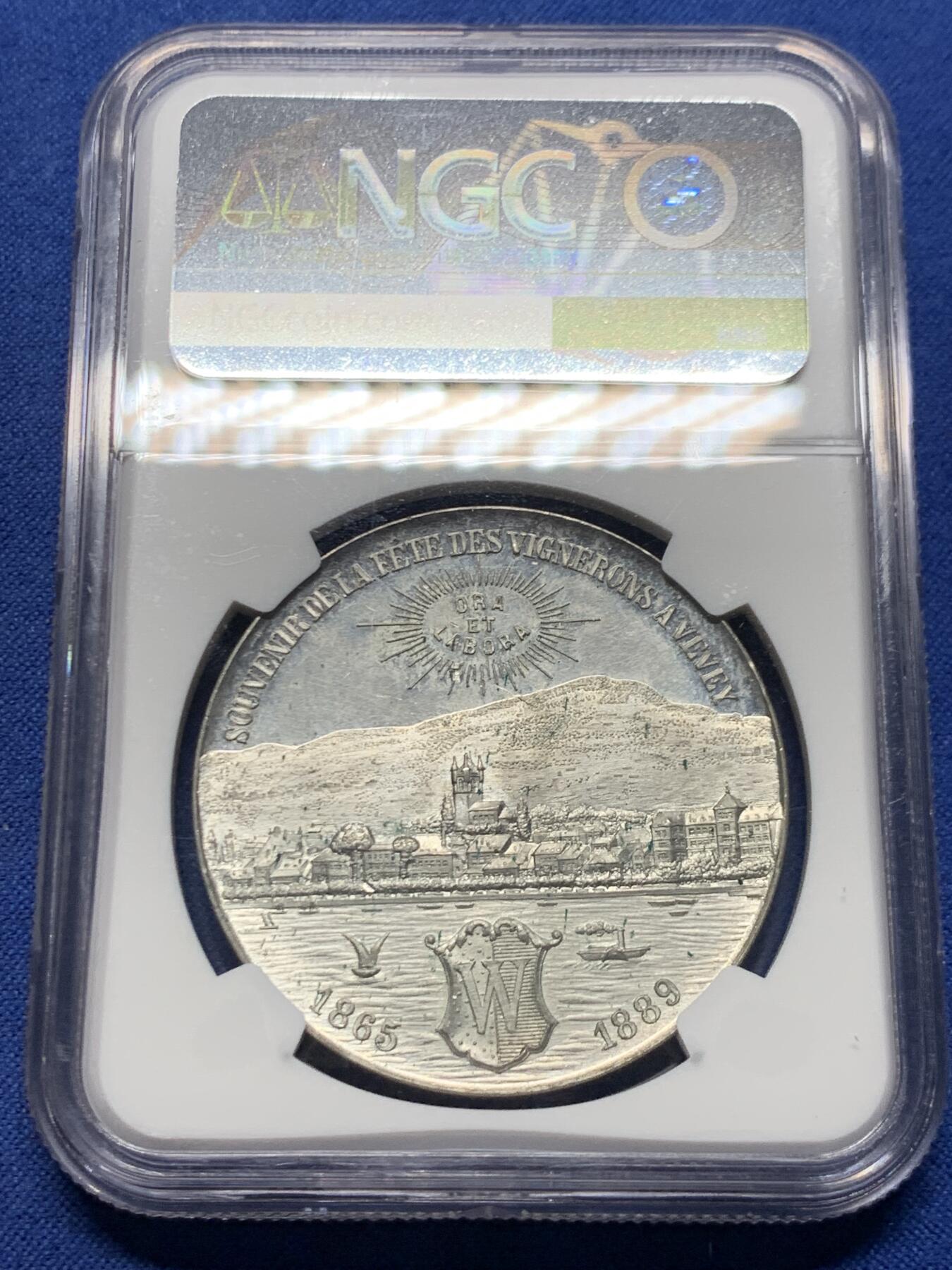 《竞宝斋》第456场 周日，周一，周二   3场连拍 （全场包邮）欢迎送拍 NGC MS63 瑞士 1889年 葡萄园 景观锌章 为丰收而舞 整体非常值得收藏