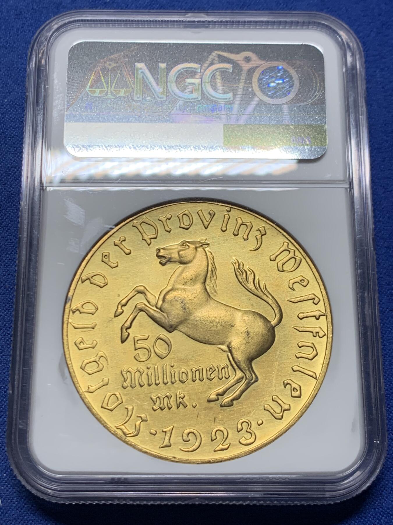 《竞宝斋》第456场 周日，周一，周二   3场连拍 （全场包邮）欢迎送拍 NGC MS64 1923年德国紧急状态时期大马币，5000万马克(窄边版)，比同面值宽边版的少，属于马币五珍之一，分数和状态不错