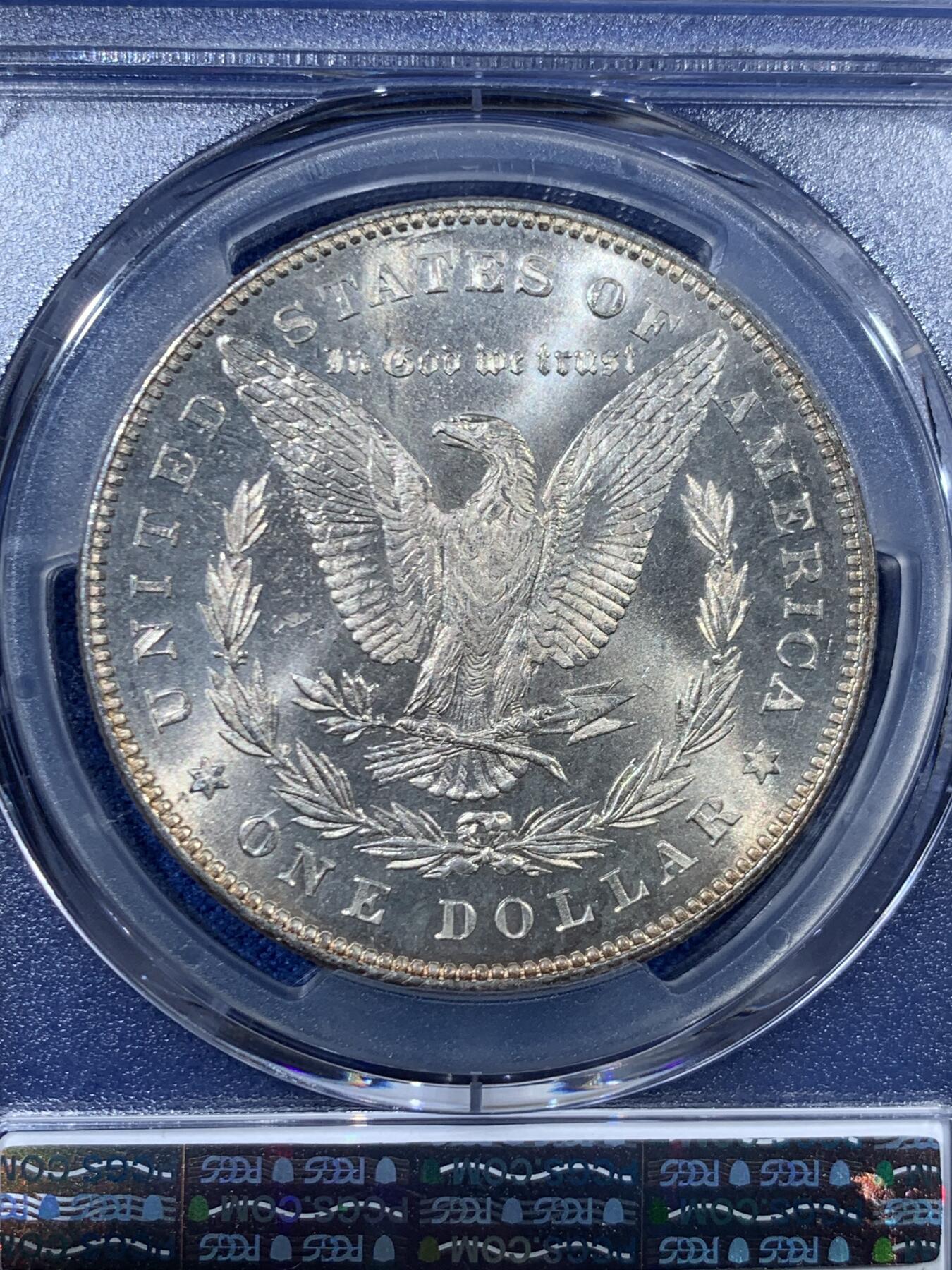 《竞宝斋》第456场 周日，周一，周二   3场连拍 （全场包邮）欢迎送拍 PCGS MS64 美国 1878 首年摩根 7/8 尾部羽毛复打 稀有版别 麦稀奇所见最高分 此枚霜感十足 打制深俊 发丝清晰