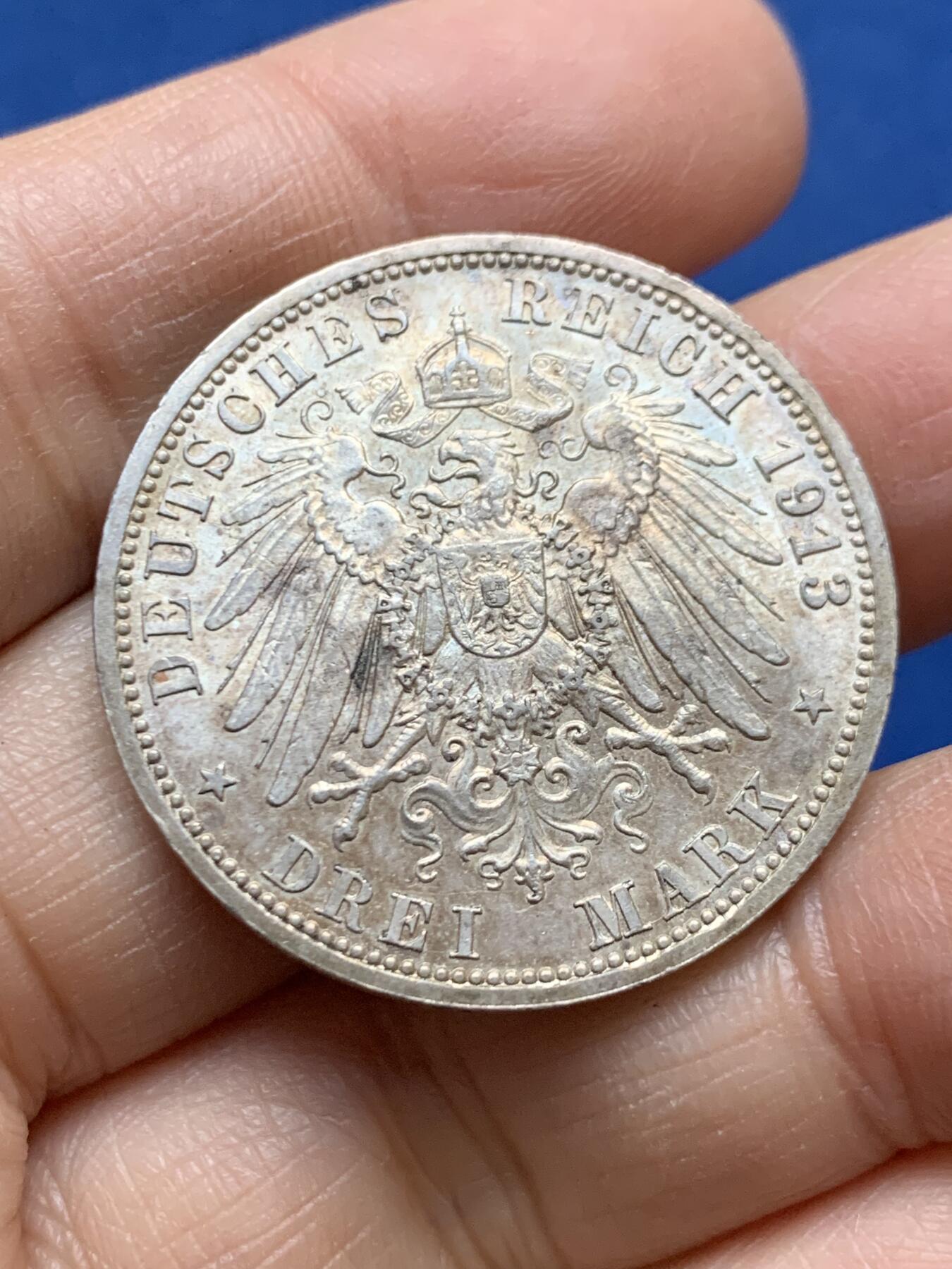 《竞宝斋》第456场 周日，周一，周二   3场连拍 （全场包邮）欢迎送拍 德国1913年威廉二世3马克银币 带光高细节