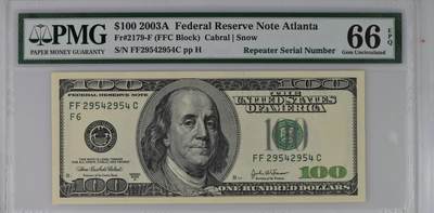 Gem Unc 美国纸币 2003年A版 100美元纸币 重复号码 2954 - Gem Unc 美国纸币 2003年A版 100美元纸币 重复号码 2954