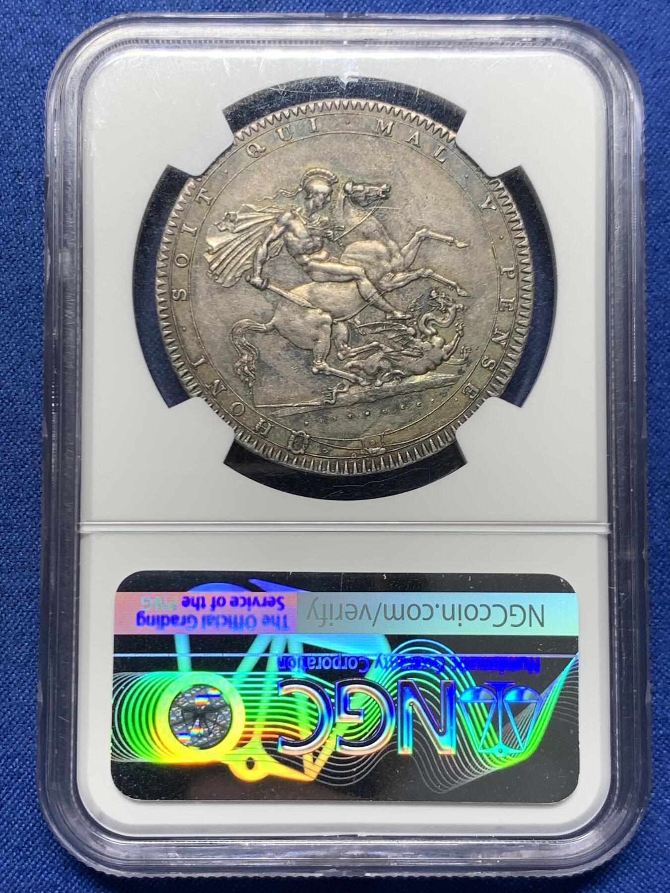 《竞宝斋》第456场 周日，周一，周二   3场连拍 （全场包邮）欢迎送拍 NGC AU58 英国1820乔治三世马剑克朗，英伦包浆