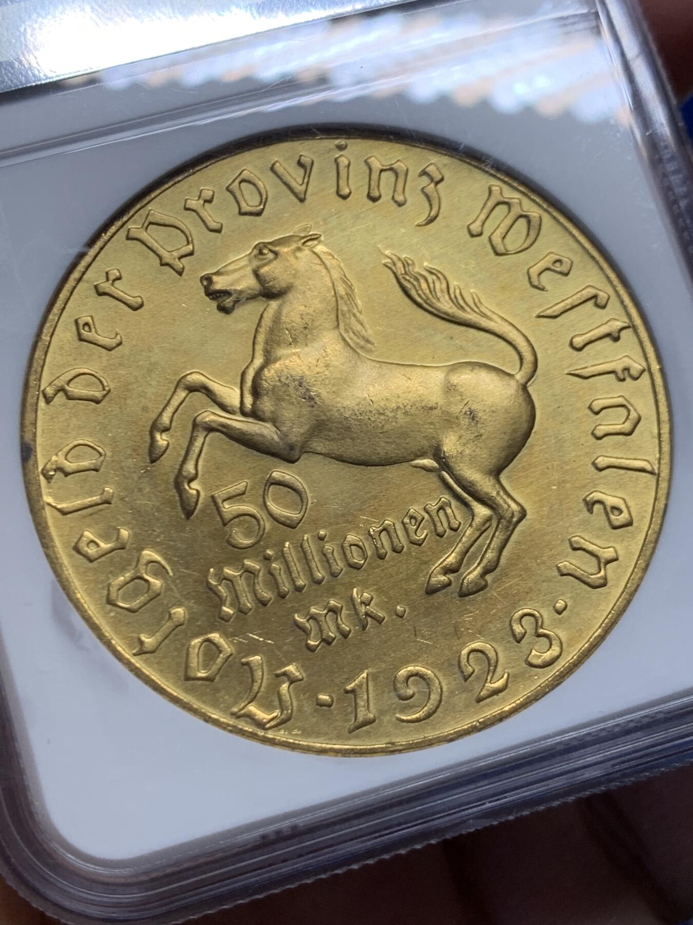 《竞宝斋》第456场 周日，周一，周二   3场连拍 （全场包邮）欢迎送拍 NGC MS64 1923年德国紧急状态时期大马币，5000万马克(窄边版)，比同面值宽边版的少，属于马币五珍之一，分数和状态不错