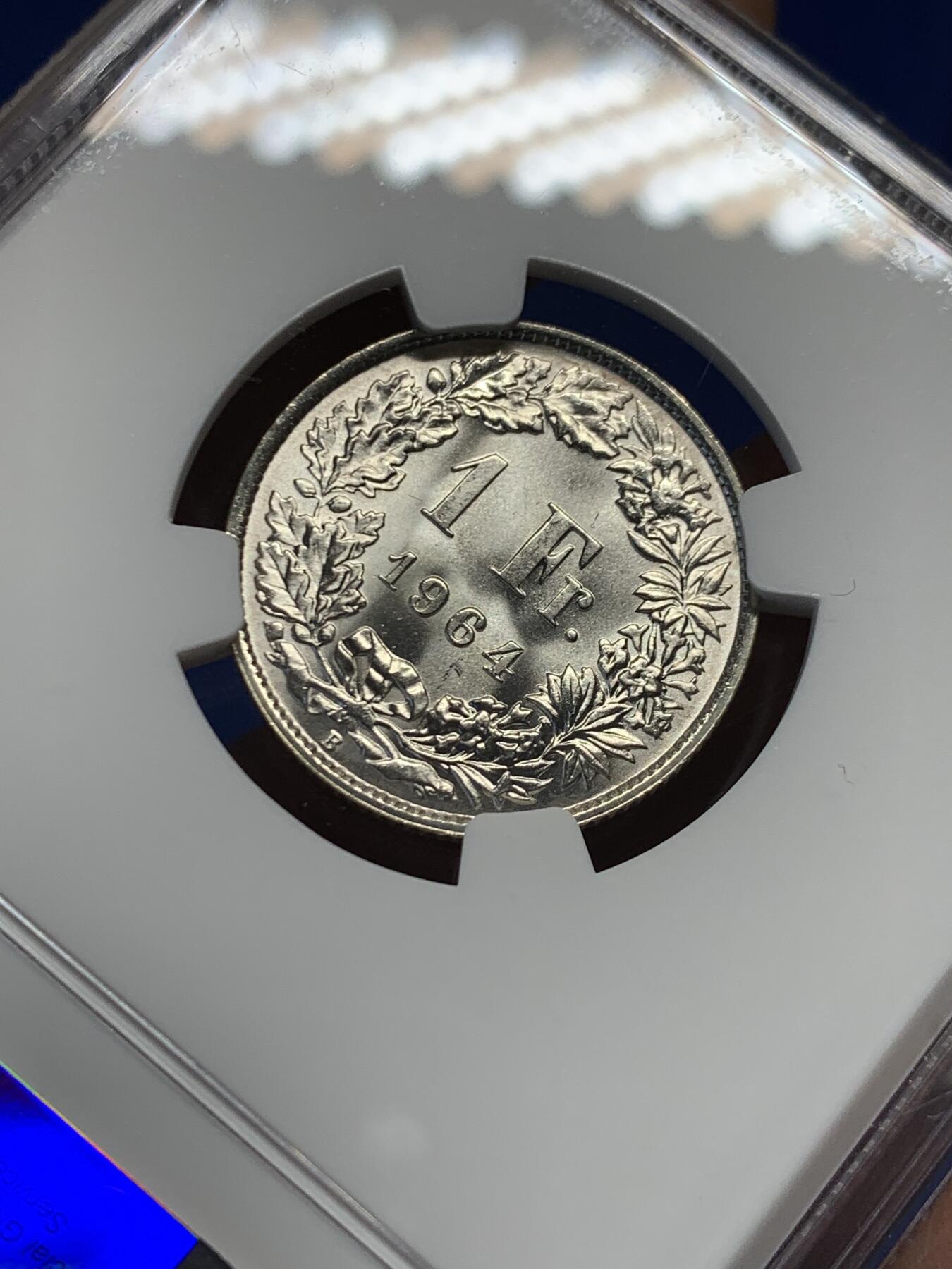 《竞宝斋》第456场 周日，周一，周二   3场连拍 （全场包邮）欢迎送拍 NGC MS64 瑞士1964年1法郎银币