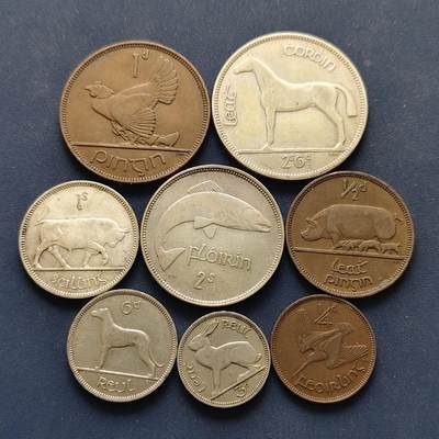 【全场包邮】纯粹捡漏拍495场-持续更新中 - 爱尔兰自由邦1928-1935年3银2镍3铜8枚套币【纯银价约467元（按20元银价折算）】