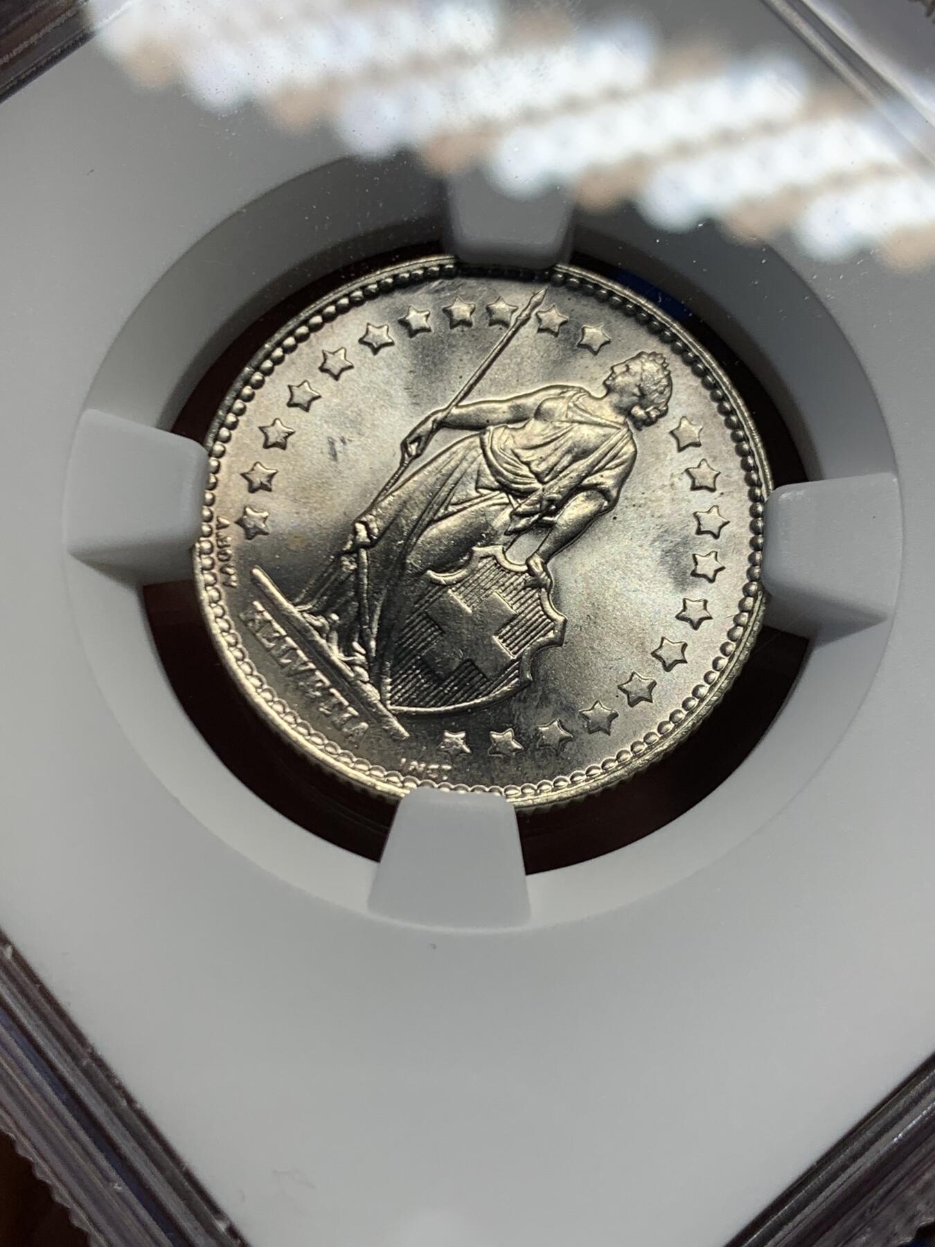 《竞宝斋》第456场 周日，周一，周二   3场连拍 （全场包邮）欢迎送拍 NGC MS64 瑞士1964年1法郎银币