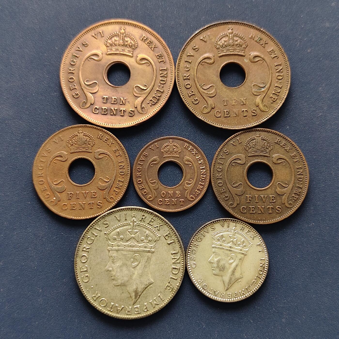 【全场包邮】纯粹捡漏拍494场 东非1937-1943年乔治六世8枚套币（KM25.1/25.2/26.1/26.2等不同版本）-含2枚银币