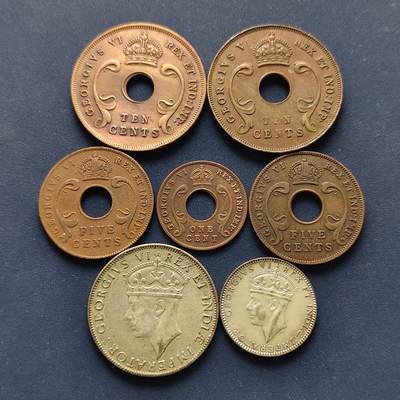 【全场包邮】纯粹捡漏拍494场 - 东非1937-1943年乔治六世8枚套币（KM25.1/25.2/26.1/26.2等不同版本）-含2枚银币