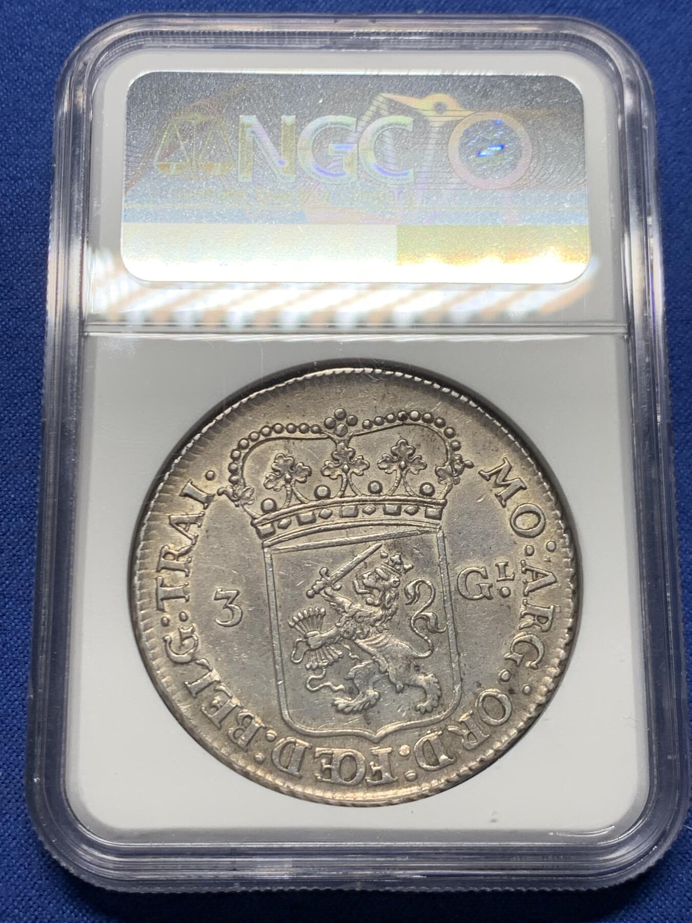 《竞宝斋》第456场 周日，周一，周二   3场连拍 （全场包邮）欢迎送拍 NGC AU58 荷兰 1764年 乌特勒支站人3盾大银币 经典站人女神 深打好状态