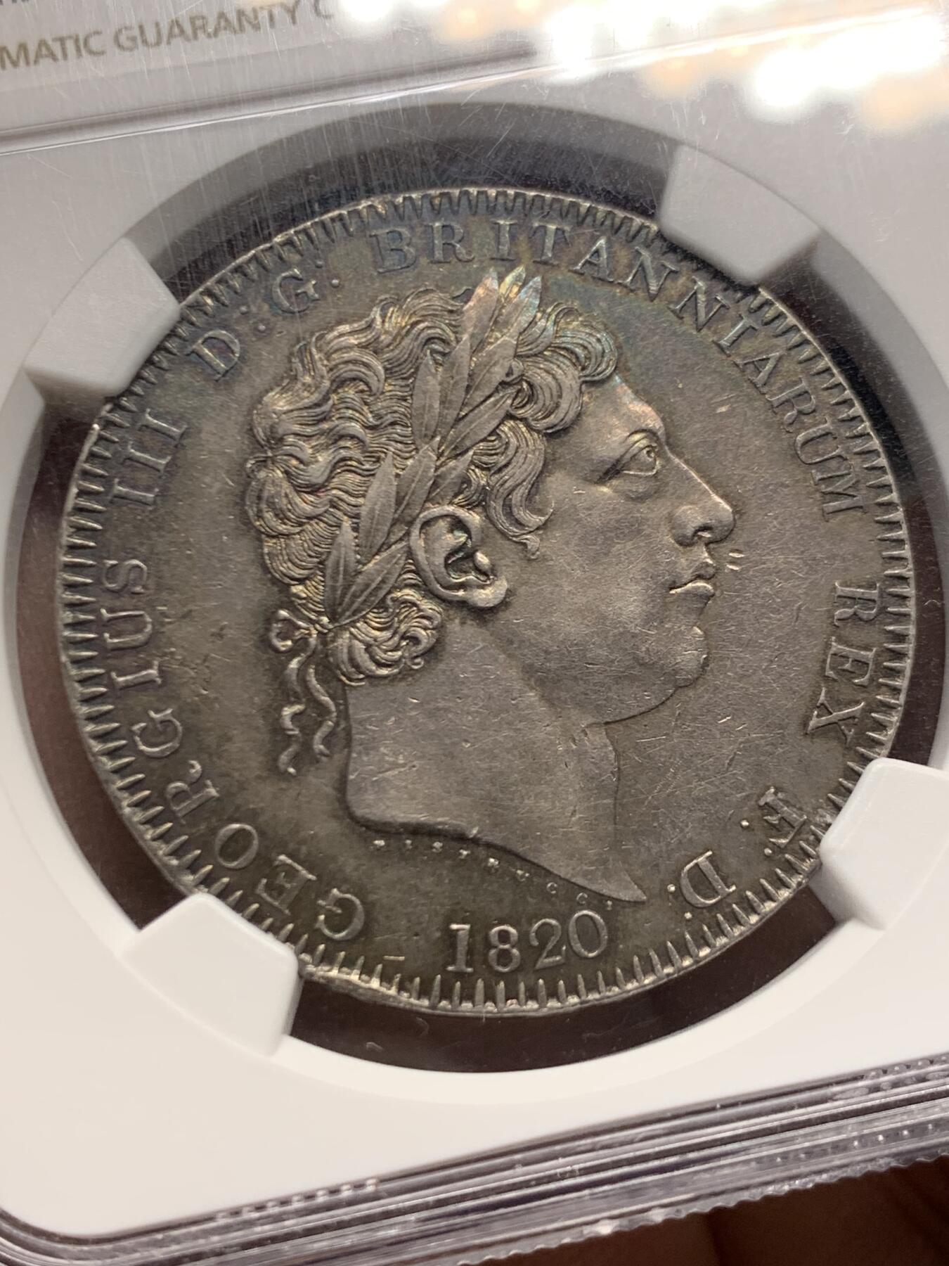 《竞宝斋》第456场 周日，周一，周二   3场连拍 （全场包邮）欢迎送拍 NGC AU58 英国1820乔治三世马剑克朗，英伦包浆