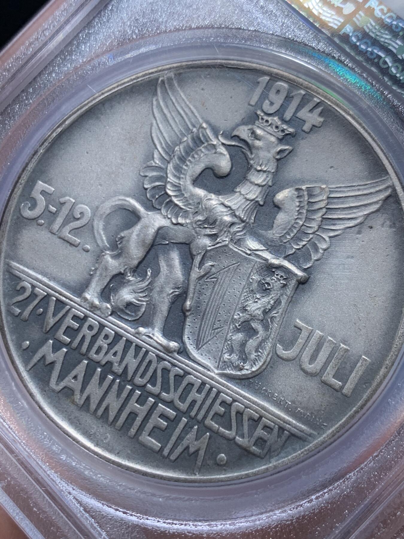 《竞宝斋》第456场 周日，周一，周二   3场连拍 （全场包邮）欢迎送拍 PCGS SP63 德国1914年曼海姆射击节大银章 稀少品种 磨砂高浮雕 PCGS加厚盒