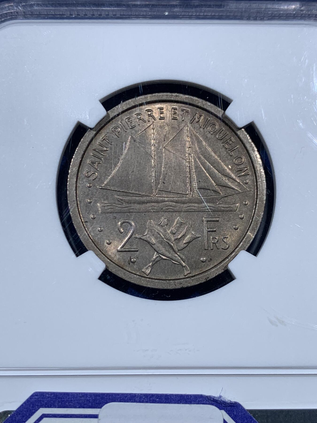 《竞宝斋》第456场 周日，周一，周二   3场连拍 （全场包邮）欢迎送拍 NGC MS63 法属圣皮埃尔和密克隆1948年2法郎 季军分