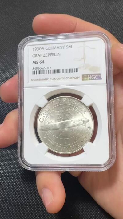 “甄选寰宇 · 臻藏岁华”新年精品场（直播拍卖）-甄臻铺-世界币章拍卖（第47期）送拍享返佣金等优惠多多 NGC-MS64，1930A德国魏玛齐柏林飞艇5马克，高分难得 丝滑转光 底板光洁
