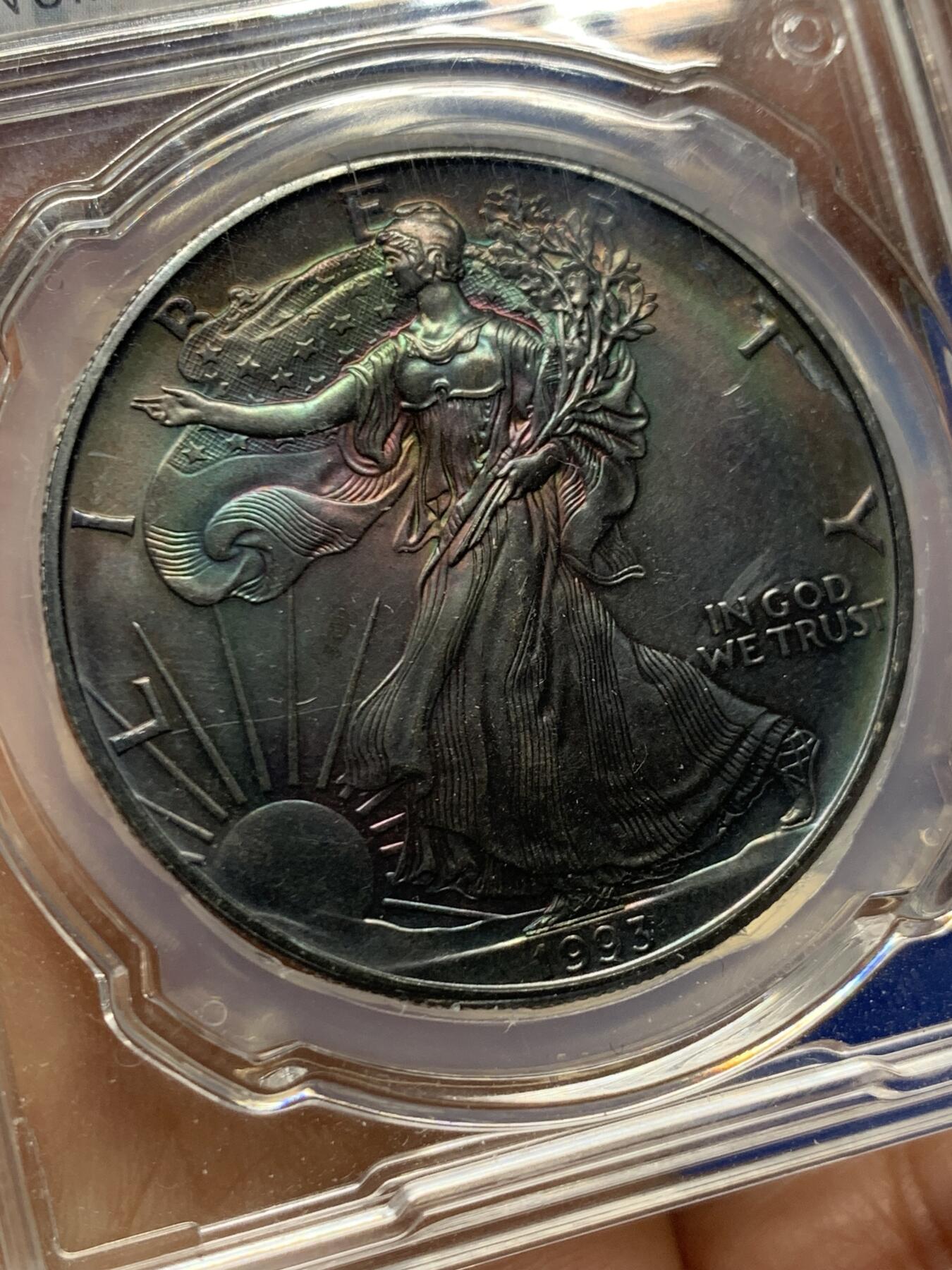 《竞宝斋》第456场 周日，周一，周二   3场连拍 （全场包邮）欢迎送拍 美国1993年行走女神投资银币 紫罗兰五彩包浆 藏玩两宜