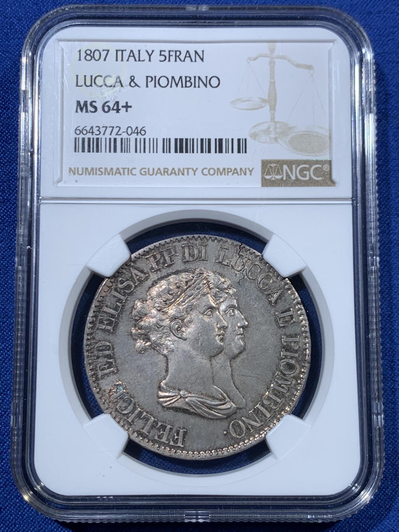 《竞宝斋》第456场 周日，周一，周二   3场连拍 （全场包邮）欢迎送拍 唯一冠军分 NGC MS64+ 意大利卢卡1807年 5法郎大银币 包浆打制都非常好 顶级状态 可遇不可求 24年64分21000成交