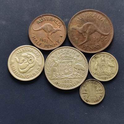 【全场包邮】纯粹捡漏拍494场 - 澳大利亚1949-1952年乔治六世4银2铜6枚套币【银含量参见附表，约211元（按20元银价折算）】