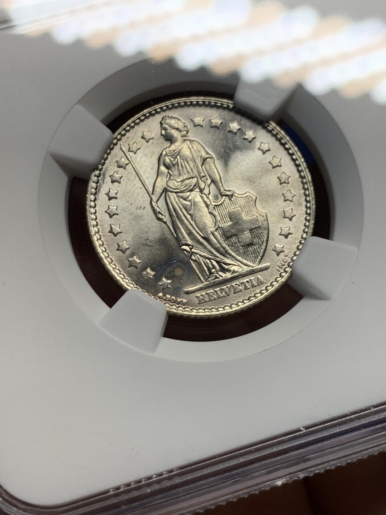 《竞宝斋》第456场 周日，周一，周二   3场连拍 （全场包邮）欢迎送拍 NGC MS64 瑞士1964年1法郎银币