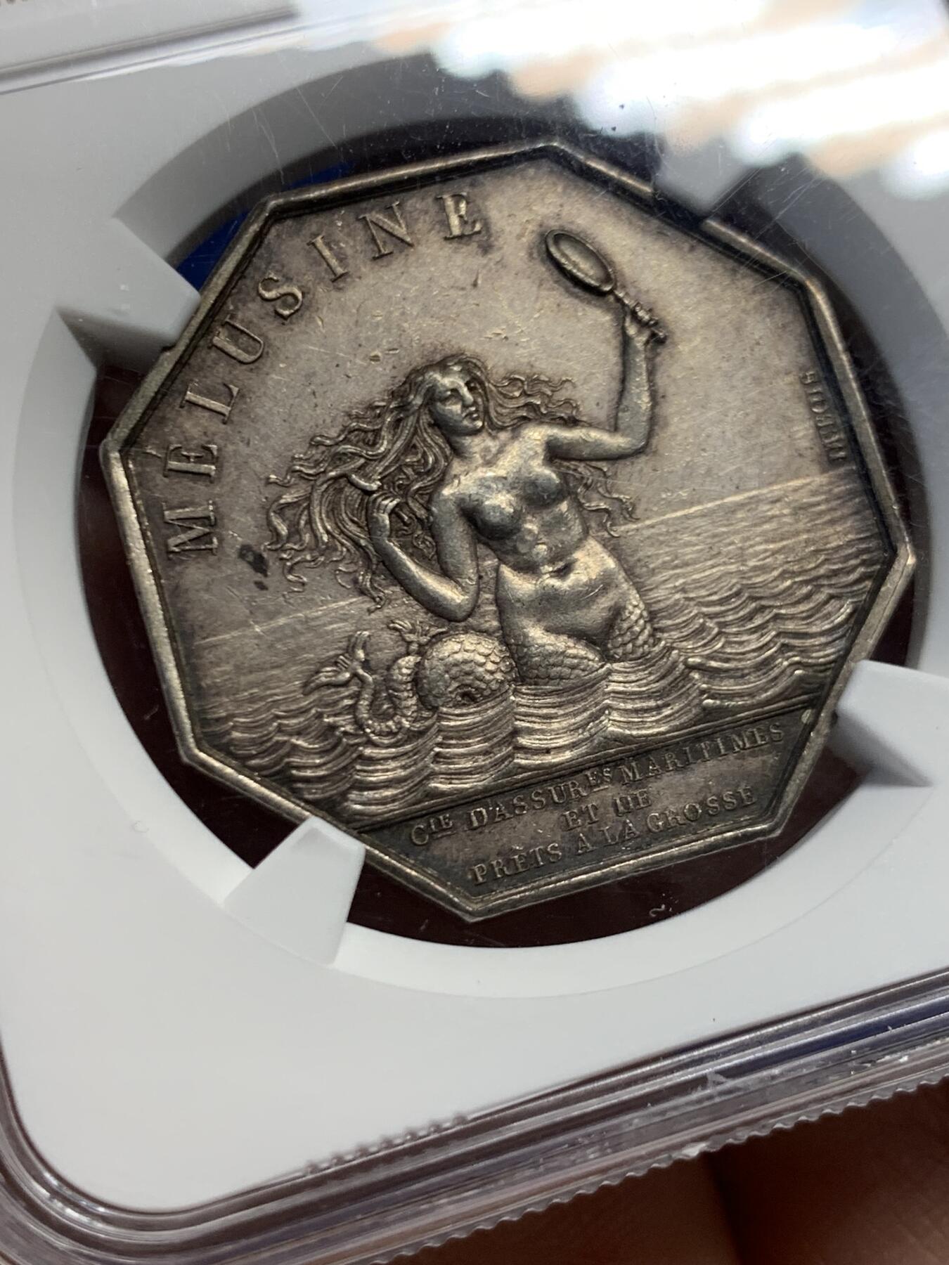 《竞宝斋》第456场 周日，周一，周二   3场连拍 （全场包邮）欢迎送拍 NGC AU58 法国海妖八角银质代币 token大名誉品 原味包浆 品相状态不错