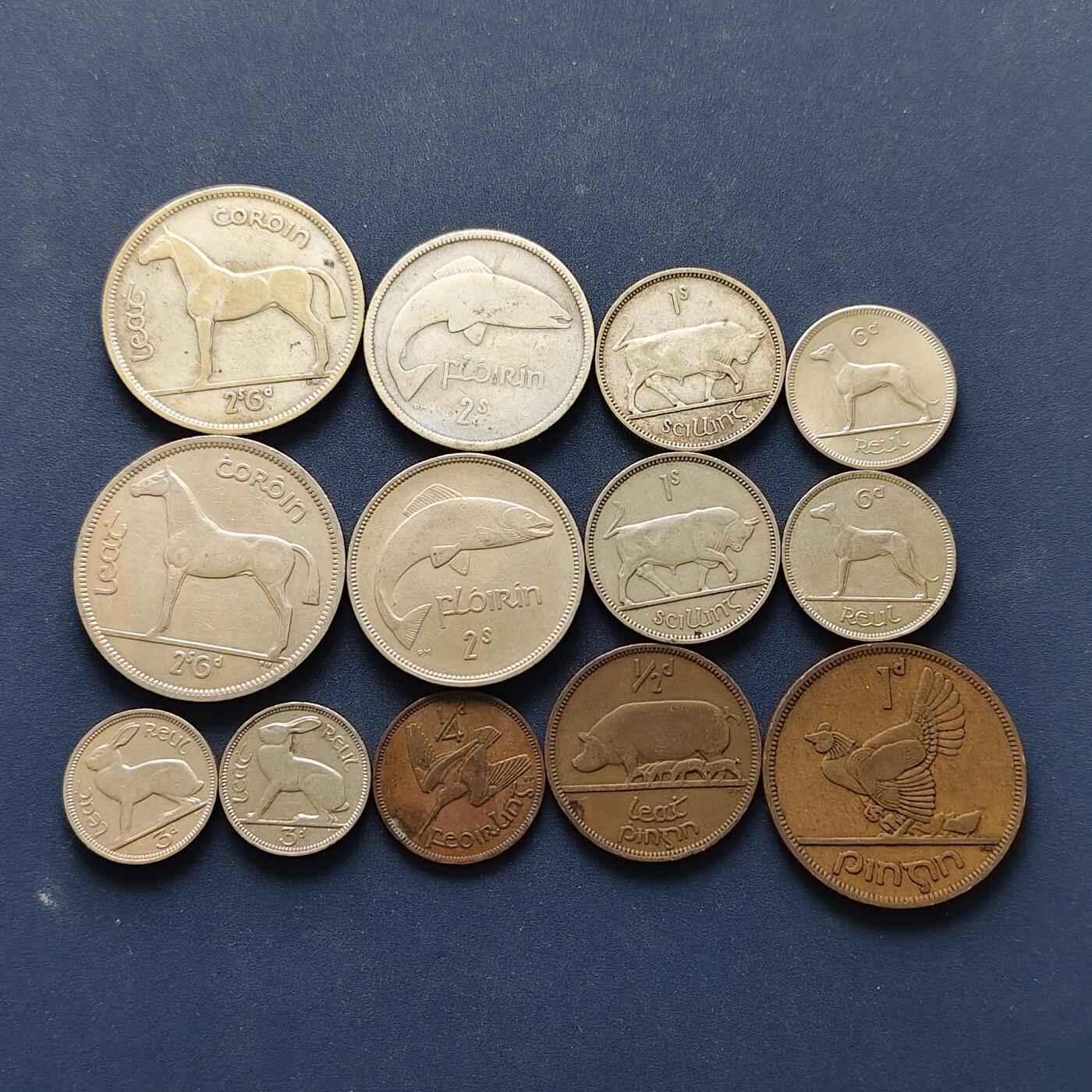 【全场包邮】纯粹捡漏拍495场-持续更新中 爱尔兰1939-1967年十二进制版3银7镍3铜大全套【纯银价约467元（按20元银价折算）】